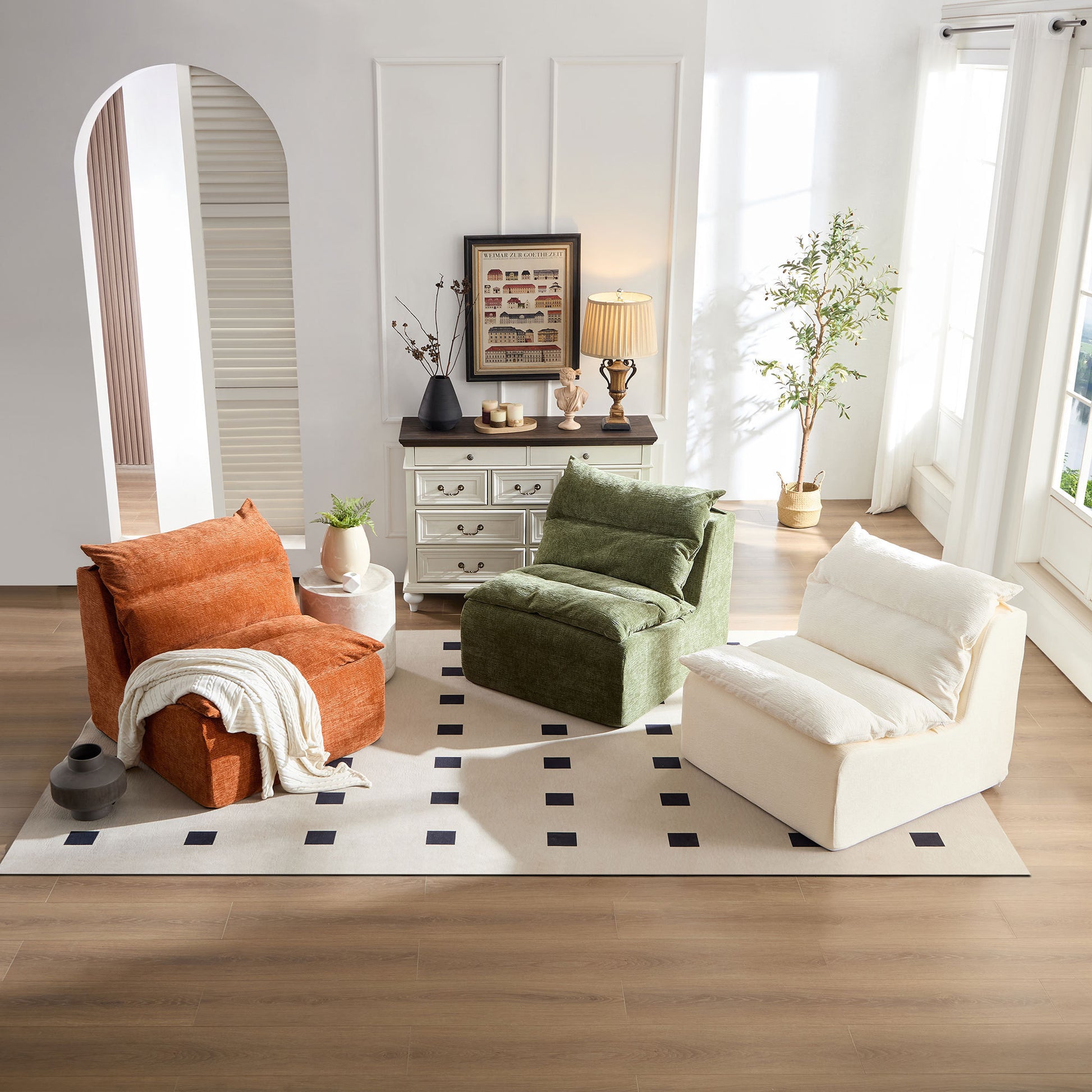 Accent Armless Chair Lazy Floor Seating, Leisure Accent Single Couch with Backrest Fireside Chair Sofa Lounger for Living Room, Bedroom, Office, Single Seat, WHITE