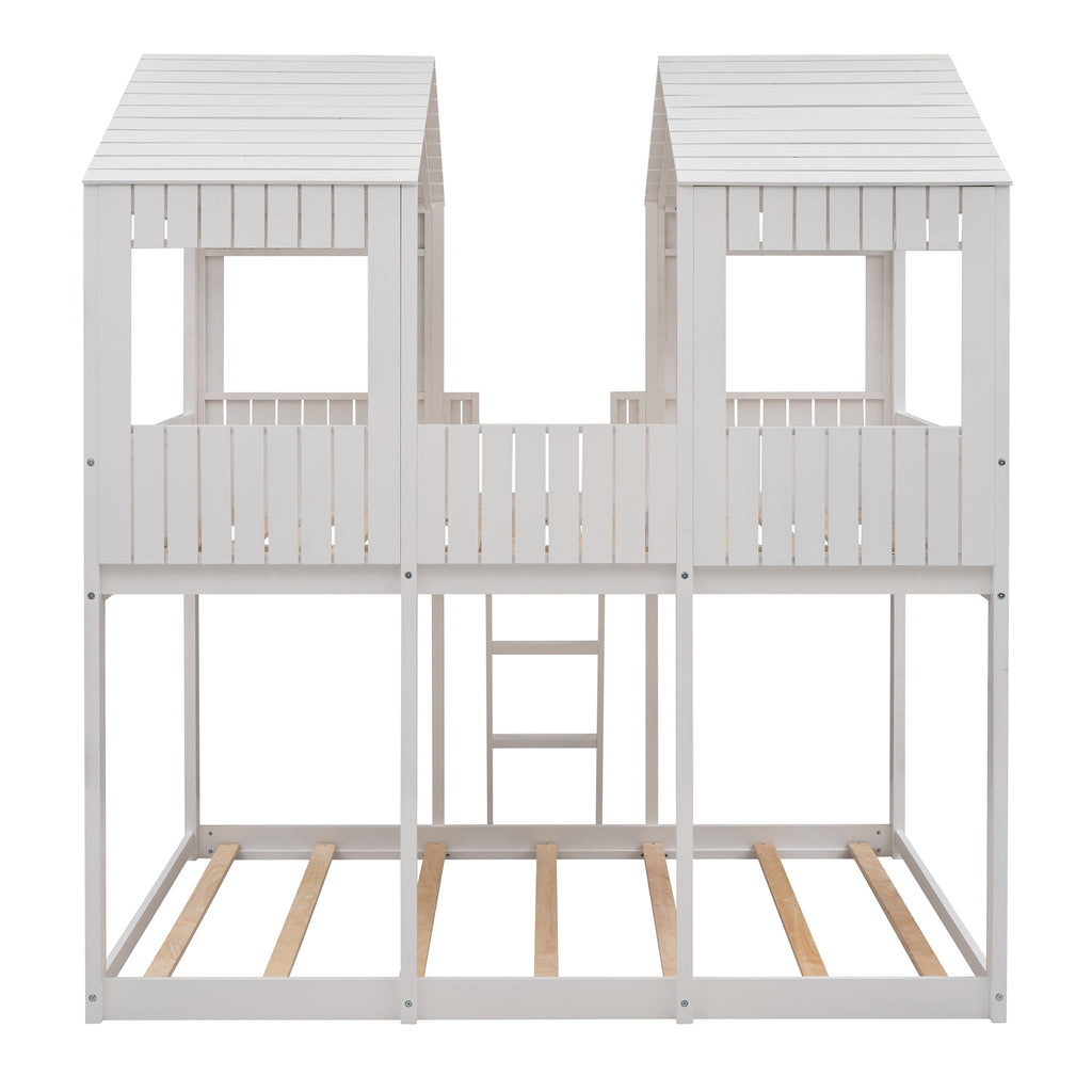 Full Over Full WoodBunk Bed with Roof, Window, Guardrail, Ladder(White)( old sku: LT000031AAK )