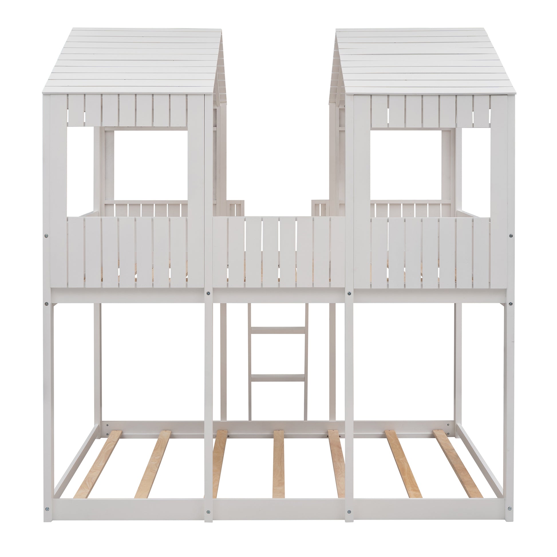 Full Over Full WoodBunk Bed with Roof, Window, Guardrail, Ladder(White)( old sku: LT000031AAK )