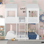 Full Over Full WoodBunk Bed with Roof, Window, Guardrail, Ladder(White)( old sku: LT000031AAK )