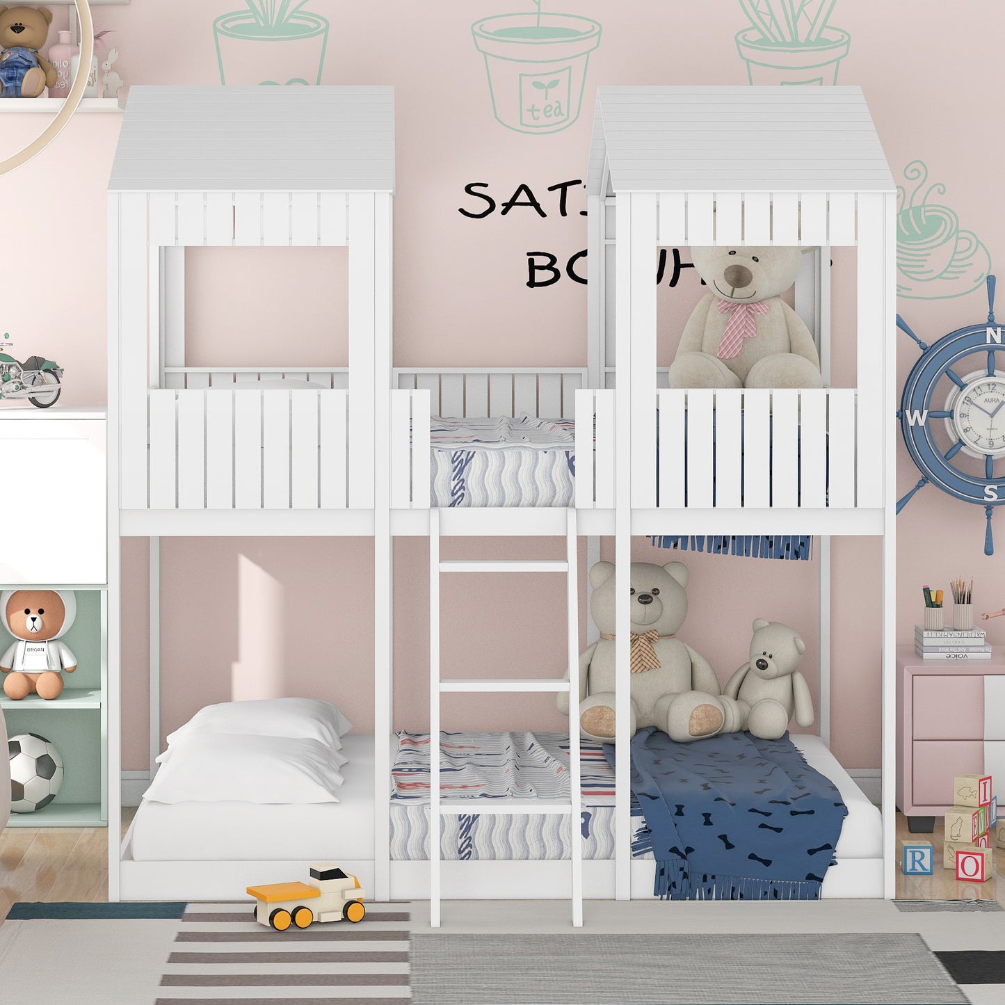 Full Over Full WoodBunk Bed with Roof, Window, Guardrail, Ladder(White)( old sku: LT000031AAK )
