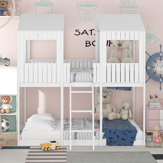 Full Over Full WoodBunk Bed with Roof, Window, Guardrail, Ladder(White)( old sku: LT000031AAK )