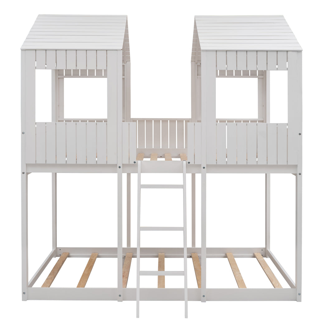 Full Over Full WoodBunk Bed with Roof, Window, Guardrail, Ladder(White)( old sku: LT000031AAK )