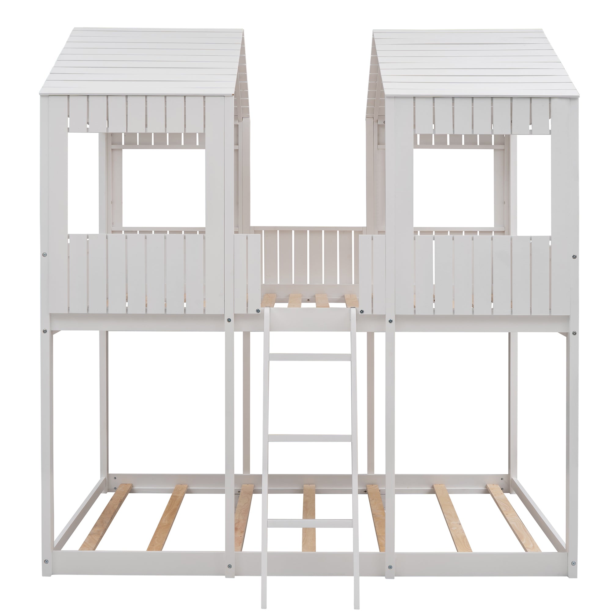 Full Over Full WoodBunk Bed with Roof, Window, Guardrail, Ladder(White)( old sku: LT000031AAK )