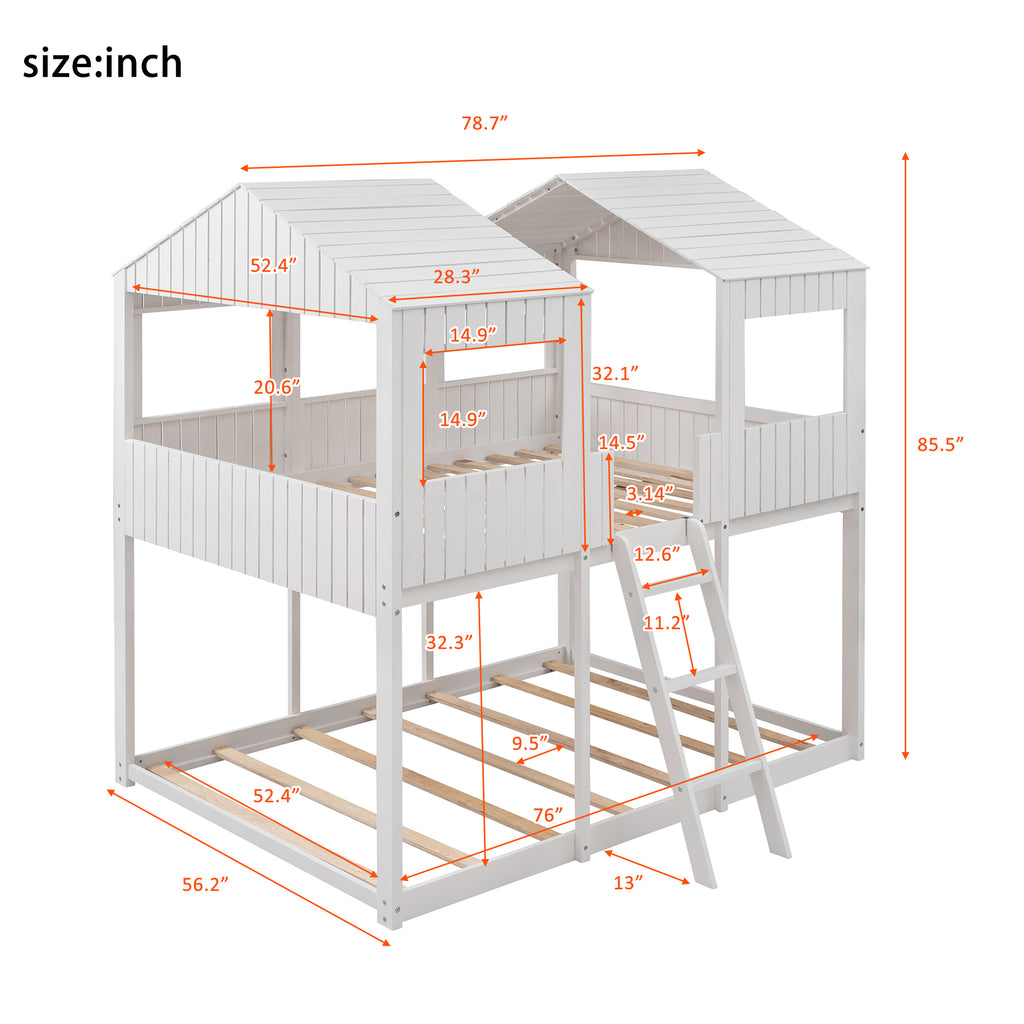 Full Over Full WoodBunk Bed with Roof, Window, Guardrail, Ladder(White)( old sku: LT000031AAK )