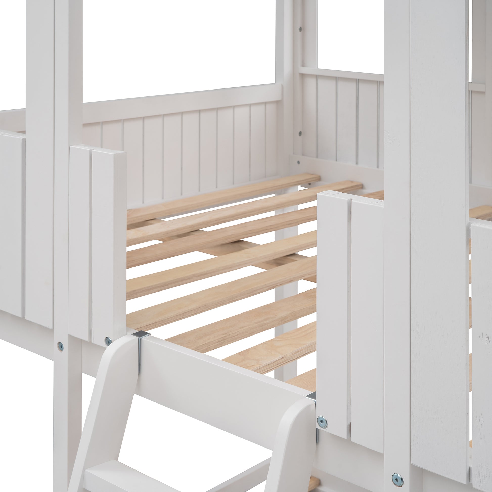 Full Over Full WoodBunk Bed with Roof, Window, Guardrail, Ladder(White)( old sku: LT000031AAK )