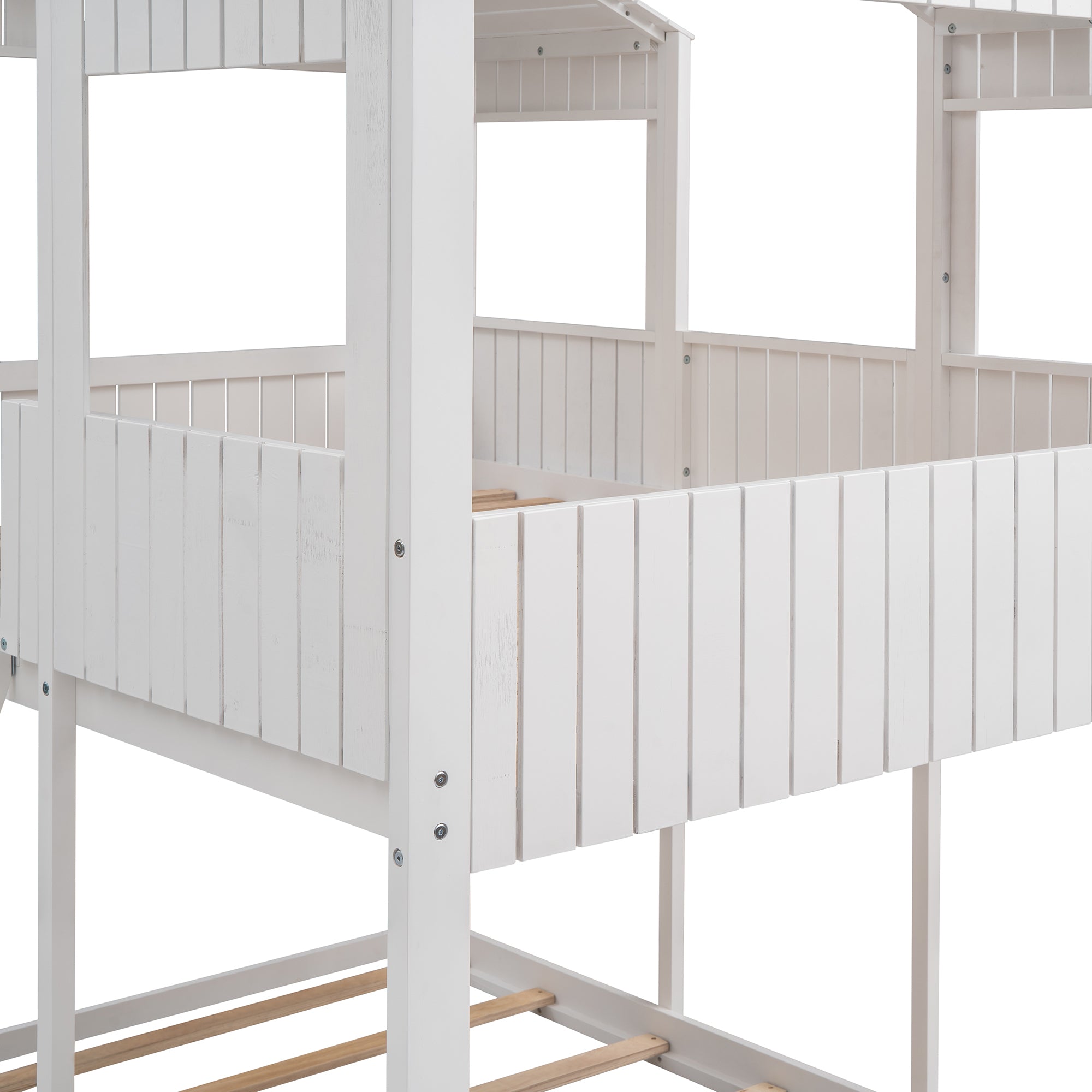 Full Over Full WoodBunk Bed with Roof, Window, Guardrail, Ladder(White)( old sku: LT000031AAK )