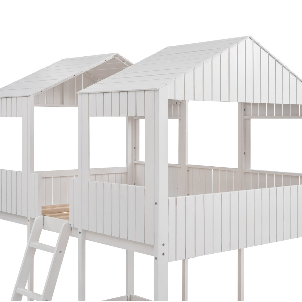 Full Over Full WoodBunk Bed with Roof, Window, Guardrail, Ladder(White)( old sku: LT000031AAK )