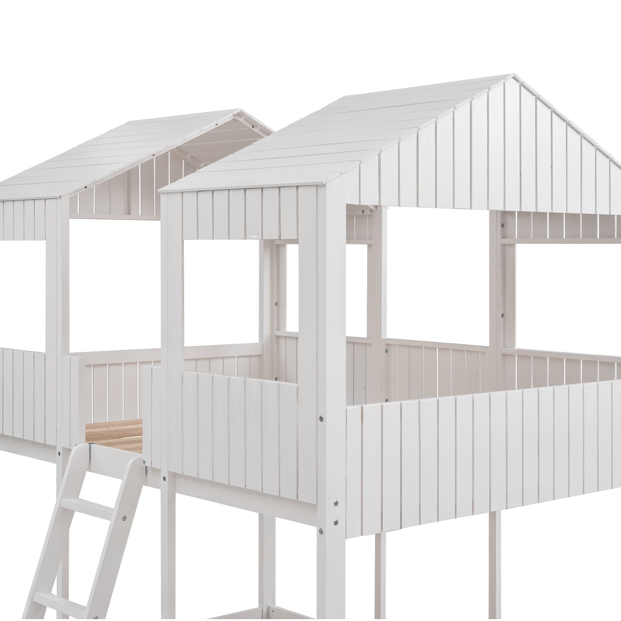 Full Over Full WoodBunk Bed with Roof, Window, Guardrail, Ladder(White)( old sku: LT000031AAK )