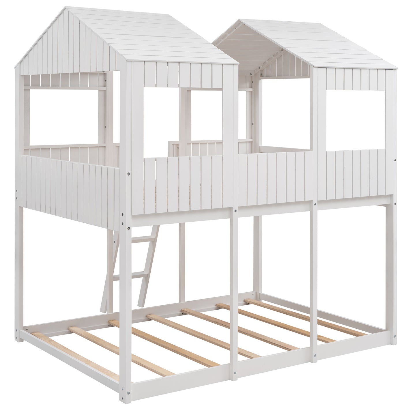Full Over Full WoodBunk Bed with Roof, Window, Guardrail, Ladder(White)( old sku: LT000031AAK )