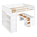 Full Size Loft Bed with Ladder, Shelves, and Desk, White