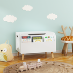 Wooden Toy Box, Kids Toy Storage Organizer with Front Bookshelf, Flip-Top Lid, Safety Hinge, Boys Girls Toy Chest Bench for Playroom Kids Room Organization (White)