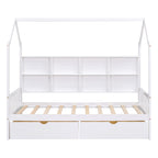 Wooden Twin Size House Bed with 2 Drawers,Kids Bed with Storage Shelf, White