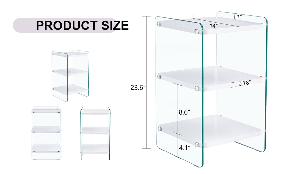 Three levels of bedside tables. The board surface is MDF, with white stickers, and both sides are transparent tempered glass. The design is simple and generous, with storage function.