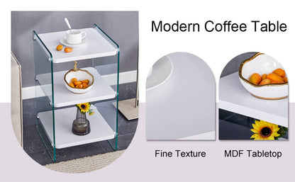 Three levels of bedside tables. The board surface is MDF, with white stickers, and both sides are transparent tempered glass. The design is simple and generous, with storage function.