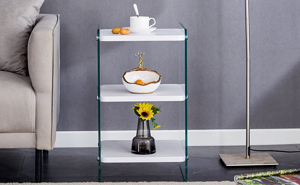 Three levels of bedside tables. The board surface is MDF, with white stickers, and both sides are transparent tempered glass. The design is simple and generous, with storage function.