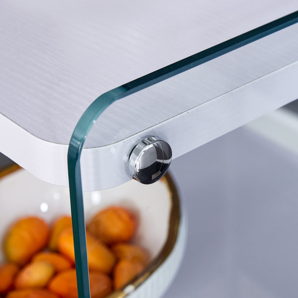Three levels of bedside tables. The board surface is MDF, with white stickers, and both sides are transparent tempered glass. The design is simple and generous, with storage function.