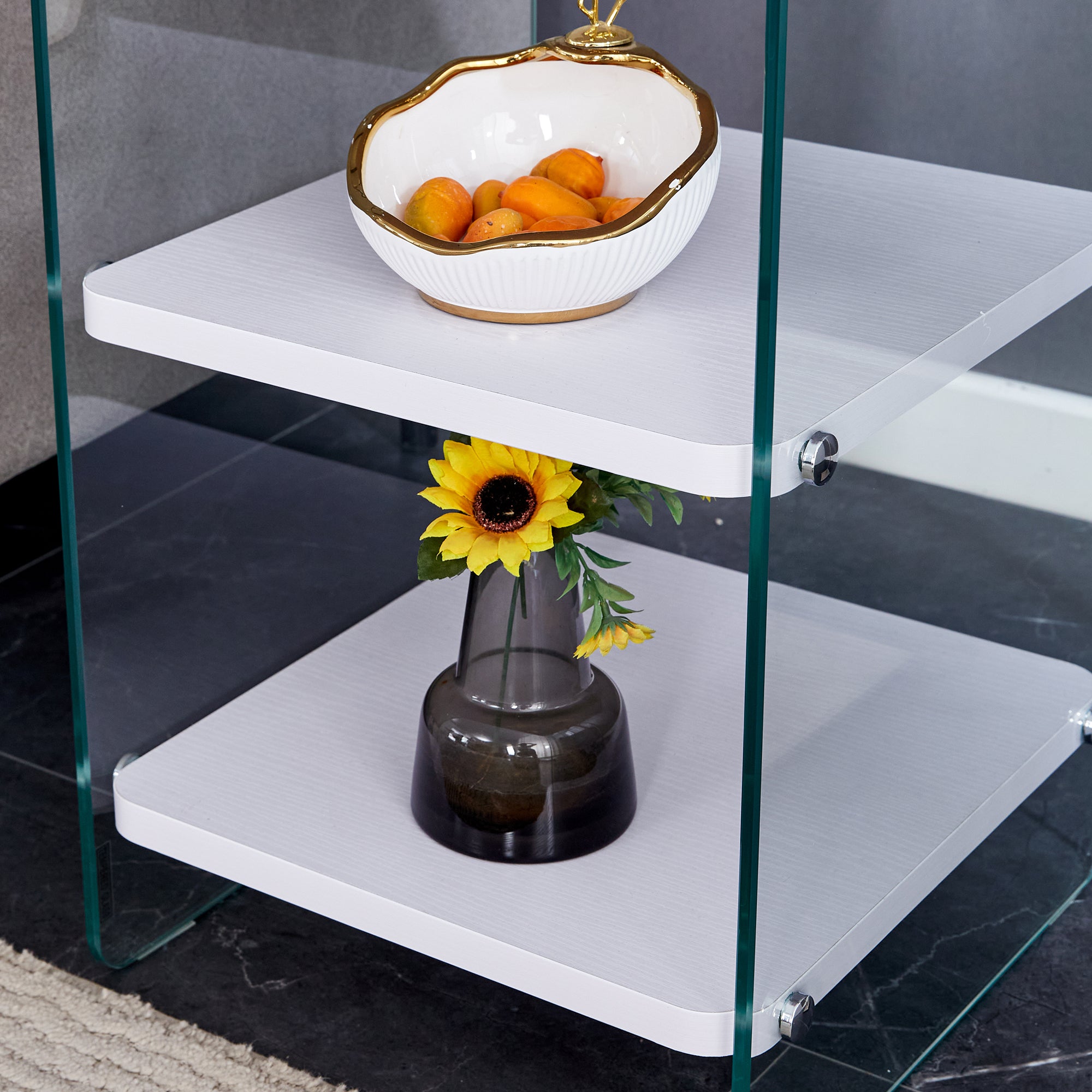 Three levels of bedside tables. The board surface is MDF, with white stickers, and both sides are transparent tempered glass. The design is simple and generous, with storage function.