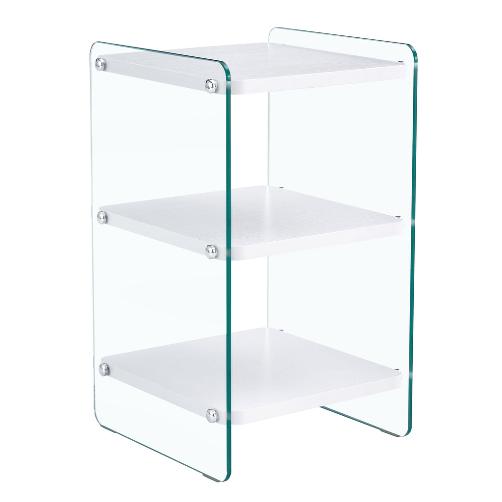 Three levels of bedside tables. The board surface is MDF, with white stickers, and both sides are transparent tempered glass. The design is simple and generous, with storage function.