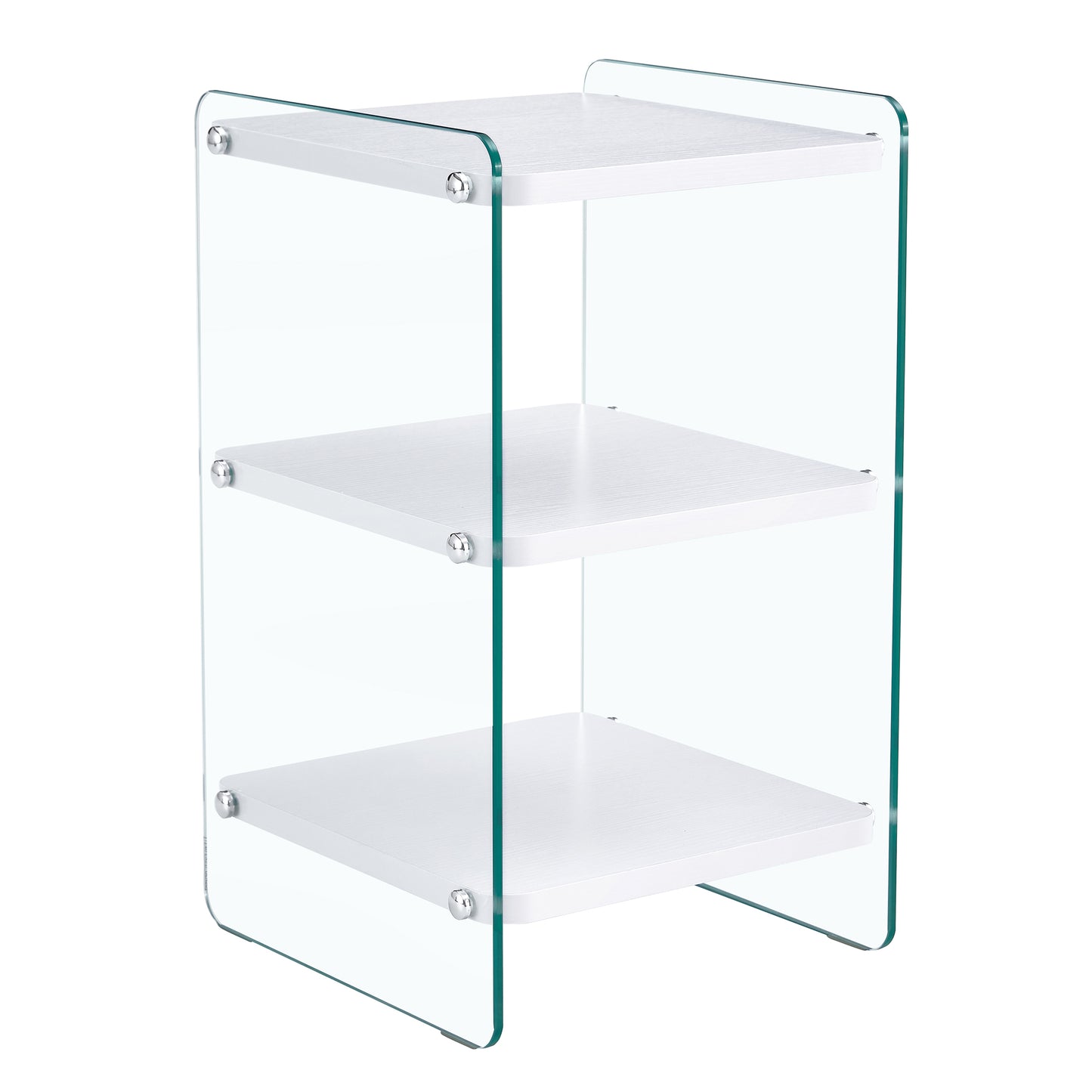 Three levels of bedside tables. The board surface is MDF, with white stickers, and both sides are transparent tempered glass. The design is simple and generous, with storage function.