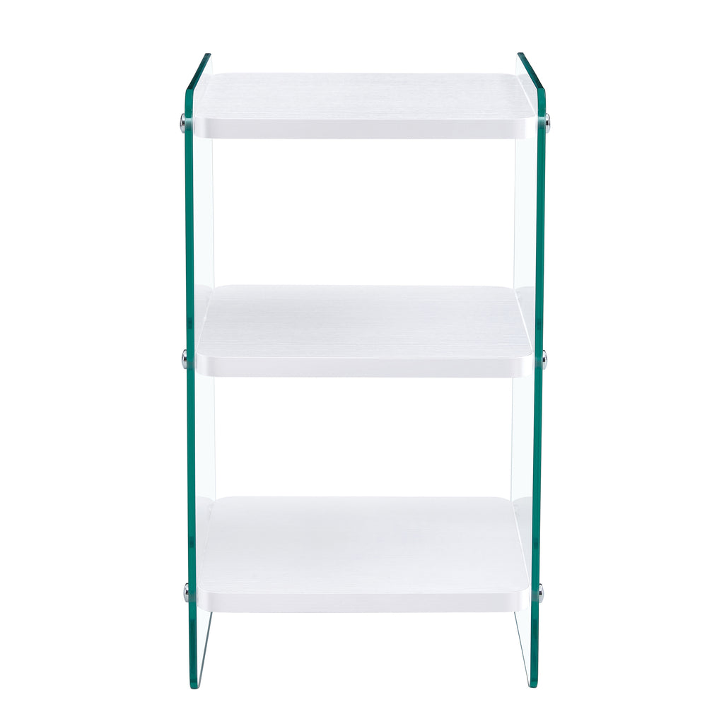 Three levels of bedside tables. The board surface is MDF, with white stickers, and both sides are transparent tempered glass. The design is simple and generous, with storage function.