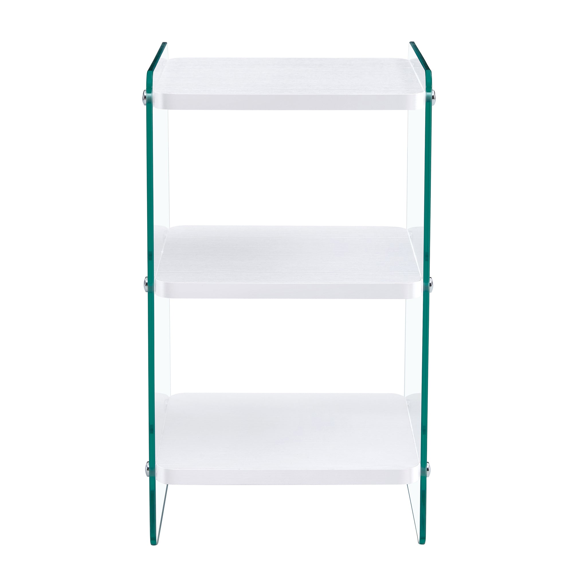 Three levels of bedside tables. The board surface is MDF, with white stickers, and both sides are transparent tempered glass. The design is simple and generous, with storage function.