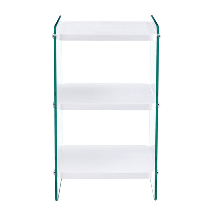 Three levels of bedside tables. The board surface is MDF, with white stickers, and both sides are transparent tempered glass. The design is simple and generous, with storage function.