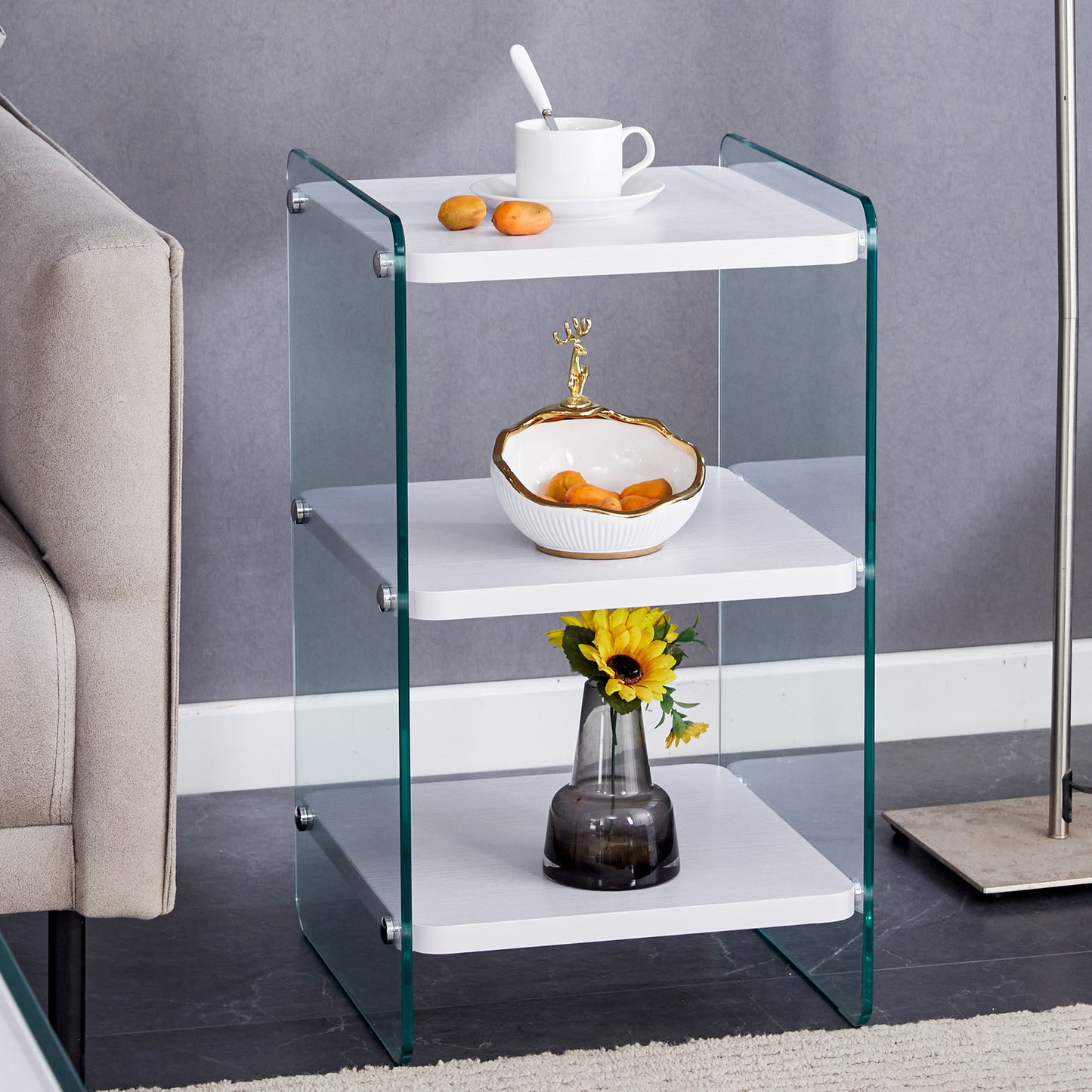 Three levels of bedside tables. The board surface is MDF, with white stickers, and both sides are transparent tempered glass. The design is simple and generous, with storage function.