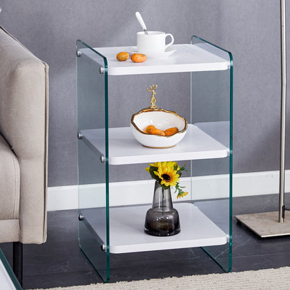 Three levels of bedside tables. The board surface is MDF, with white stickers, and both sides are transparent tempered glass. The design is simple and generous, with storage function.