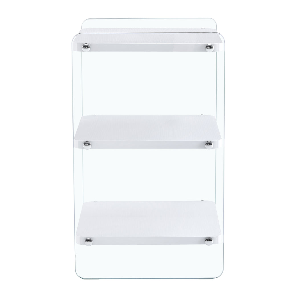Three levels of bedside tables. The board surface is MDF, with white stickers, and both sides are transparent tempered glass. The design is simple and generous, with storage function.