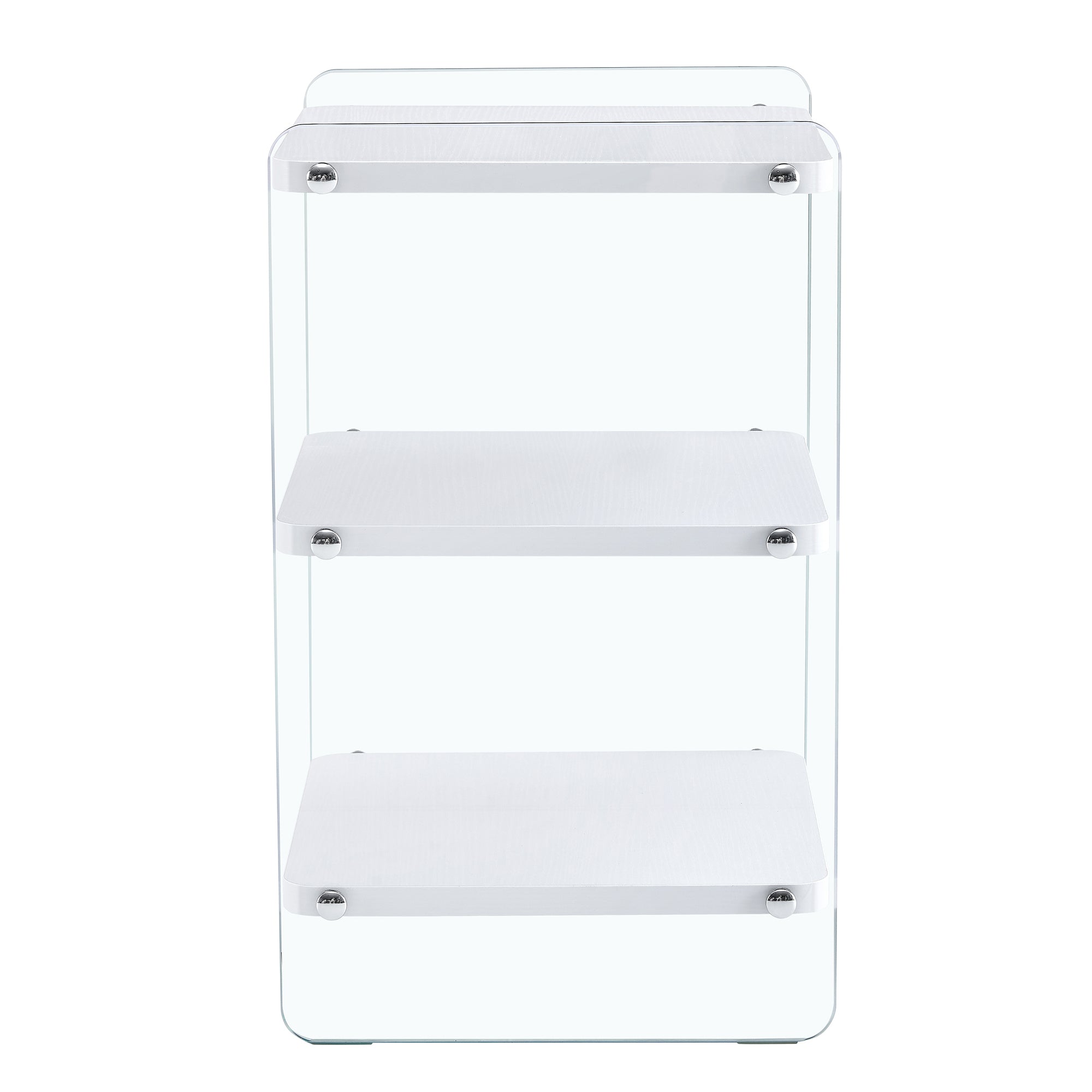 Three levels of bedside tables. The board surface is MDF, with white stickers, and both sides are transparent tempered glass. The design is simple and generous, with storage function.