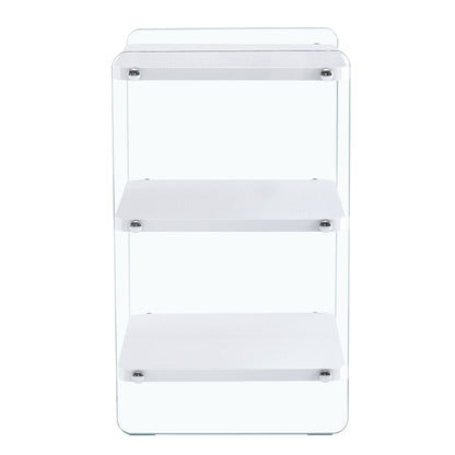 Three levels of bedside tables. The board surface is MDF, with white stickers, and both sides are transparent tempered glass. The design is simple and generous, with storage function.