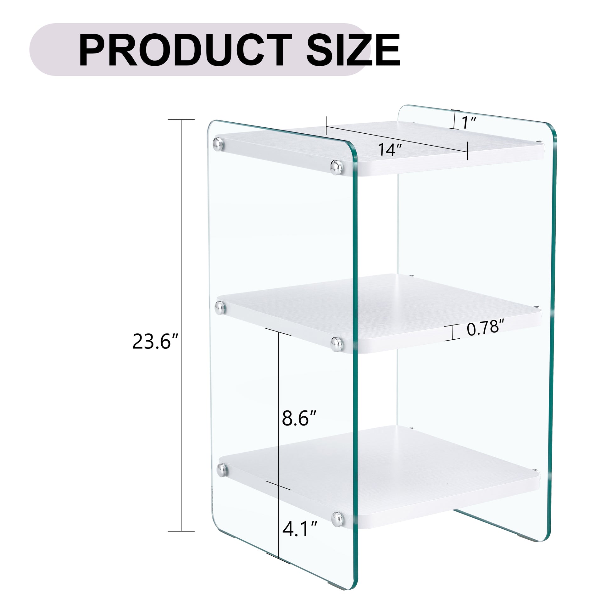 Three levels of bedside tables. The board surface is MDF, with white stickers, and both sides are transparent tempered glass. The design is simple and generous, with storage function.