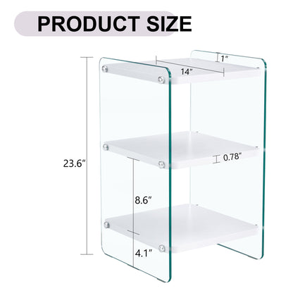 Three levels of bedside tables. The board surface is MDF, with white stickers, and both sides are transparent tempered glass. The design is simple and generous, with storage function.