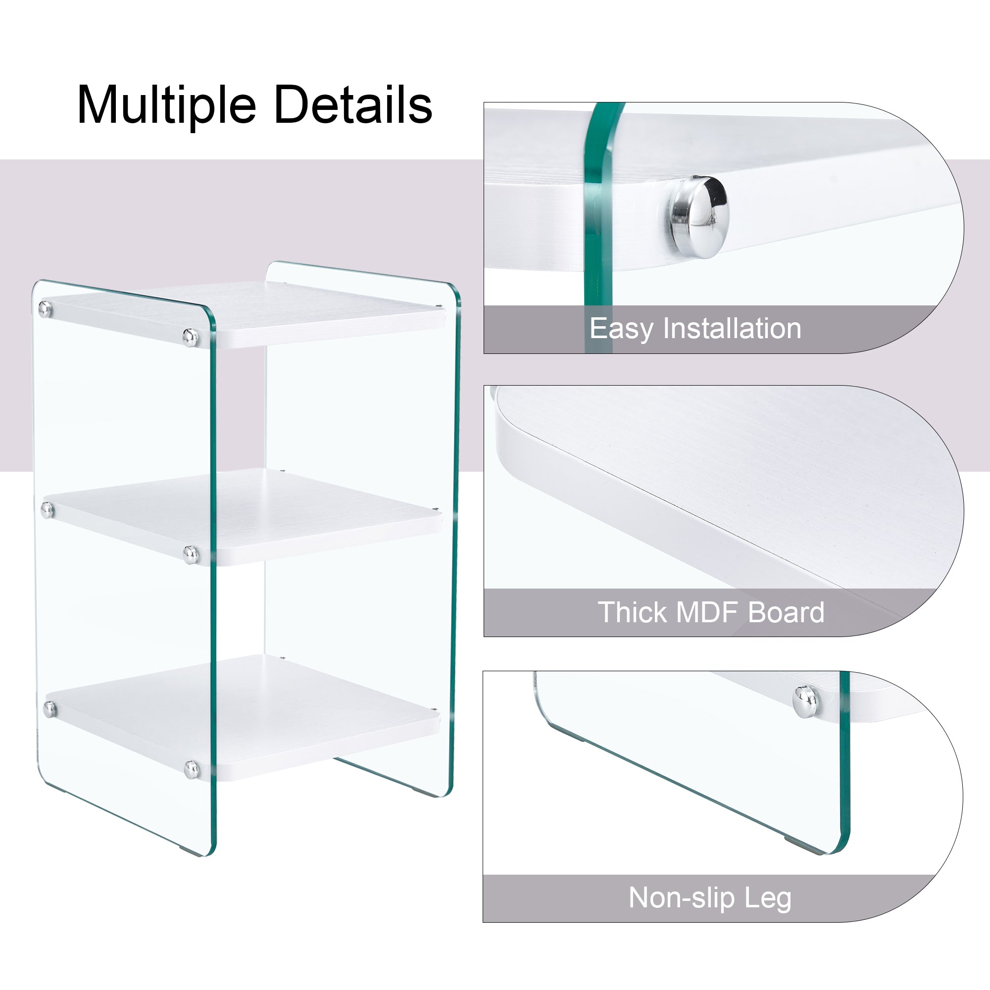 Three levels of bedside tables. The board surface is MDF, with white stickers, and both sides are transparent tempered glass. The design is simple and generous, with storage function.