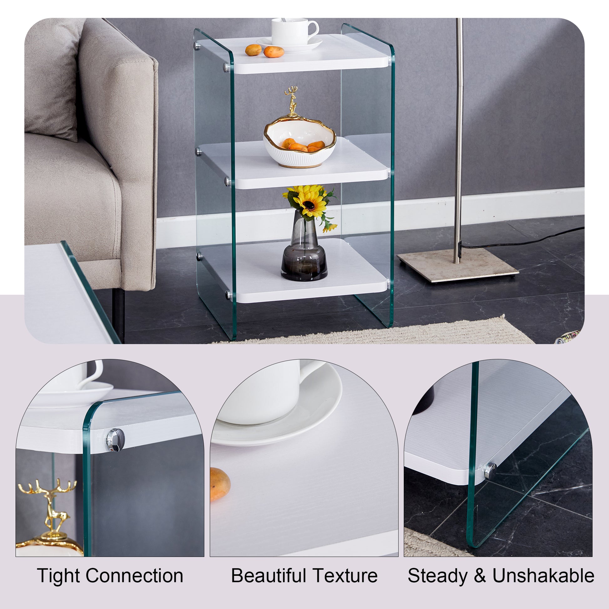 Three levels of bedside tables. The board surface is MDF, with white stickers, and both sides are transparent tempered glass. The design is simple and generous, with storage function.
