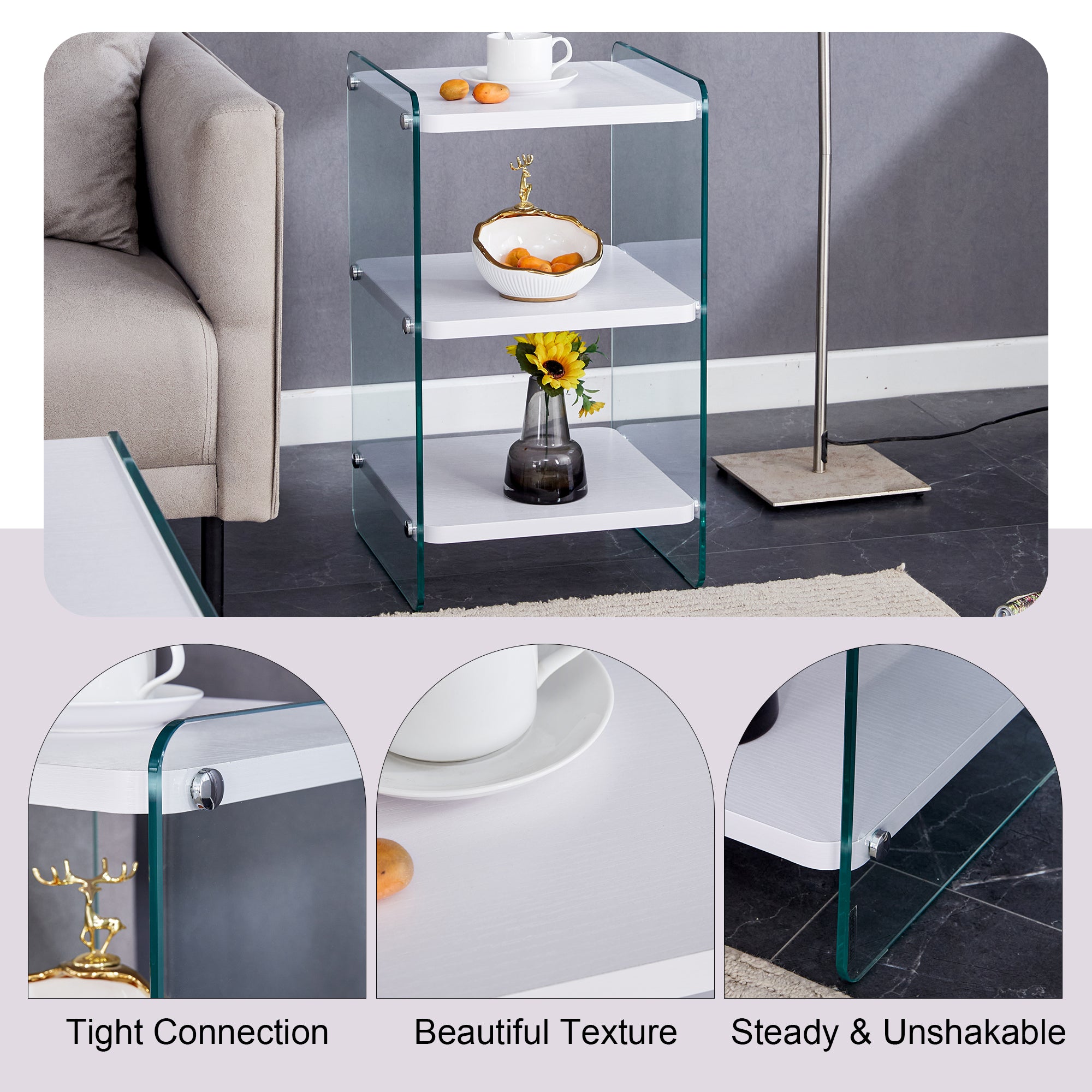 Three levels of bedside tables. The board surface is MDF, with white stickers, and both sides are transparent tempered glass. The design is simple and generous, with storage function.