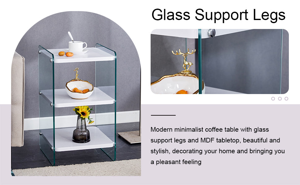 Three levels of bedside tables. The board surface is MDF, with white stickers, and both sides are transparent tempered glass. The design is simple and generous, with storage function.