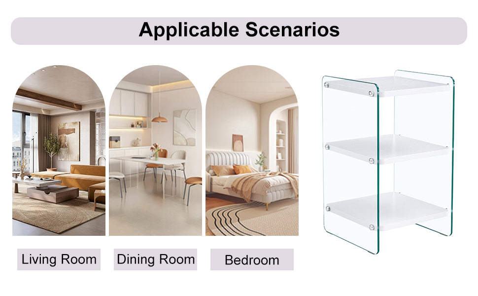 Three levels of bedside tables. The board surface is MDF, with white stickers, and both sides are transparent tempered glass. The design is simple and generous, with storage function.