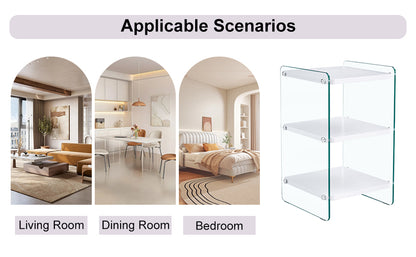 Three levels of bedside tables. The board surface is MDF, with white stickers, and both sides are transparent tempered glass. The design is simple and generous, with storage function.