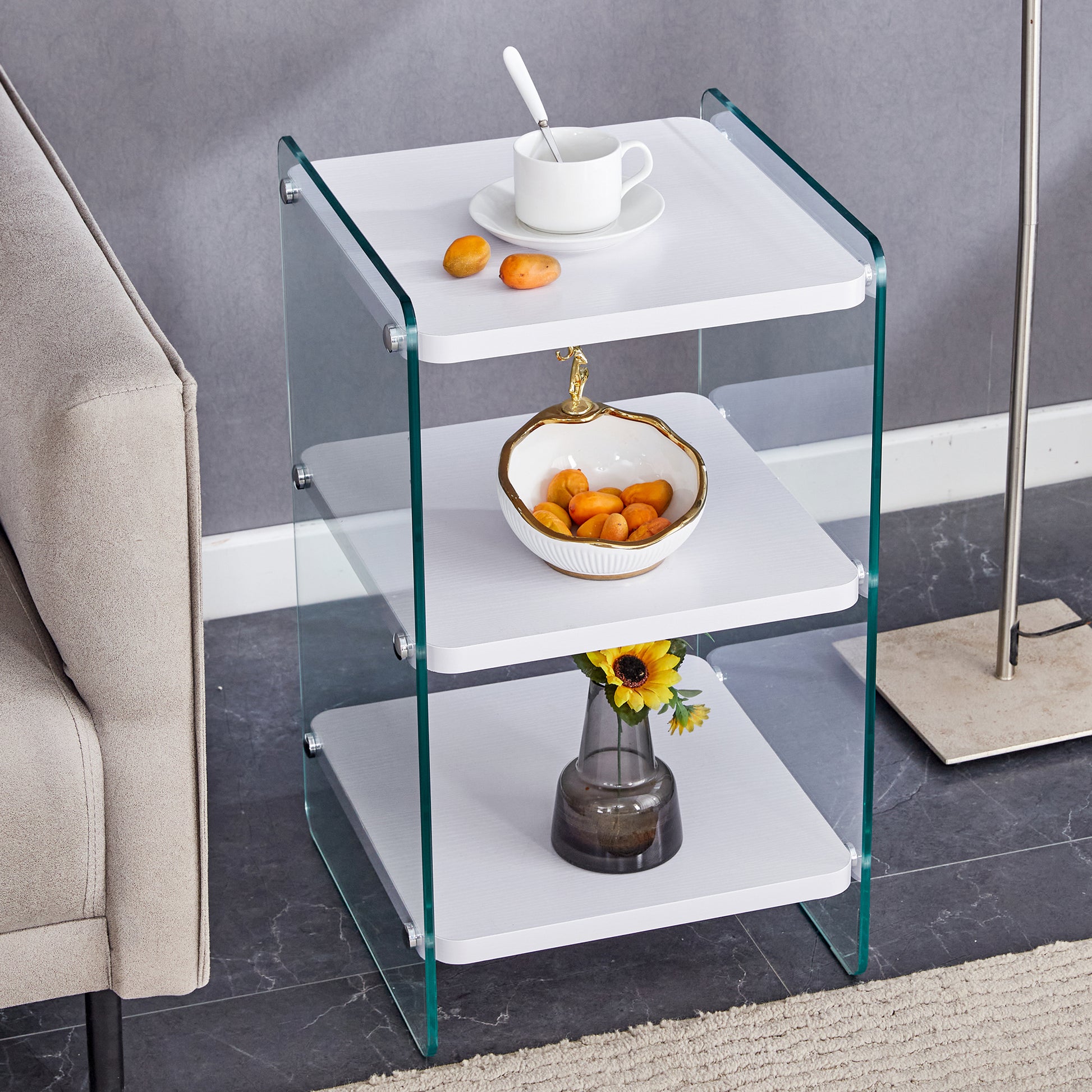 Three levels of bedside tables. The board surface is MDF, with white stickers, and both sides are transparent tempered glass. The design is simple and generous, with storage function.