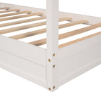 Wood House Bed Twin Size, 2 Twin Solid Bed L structure with fence and slatted frame, White