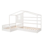Wood House Bed Twin Size, 2 Twin Solid Bed L structure with fence and slatted frame, White