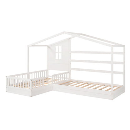 Wood House Bed Twin Size, 2 Twin Solid Bed L structure with fence and slatted frame, White