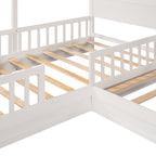Wood House Bed Twin Size, 2 Twin Solid Bed L structure with fence and slatted frame, White