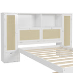 Twin Size Wooden Bed with Two Storage Lockers, Drawer, and Storage Shelf on Headboard, Multifunctional Platform Bed with Natural Rattan, White