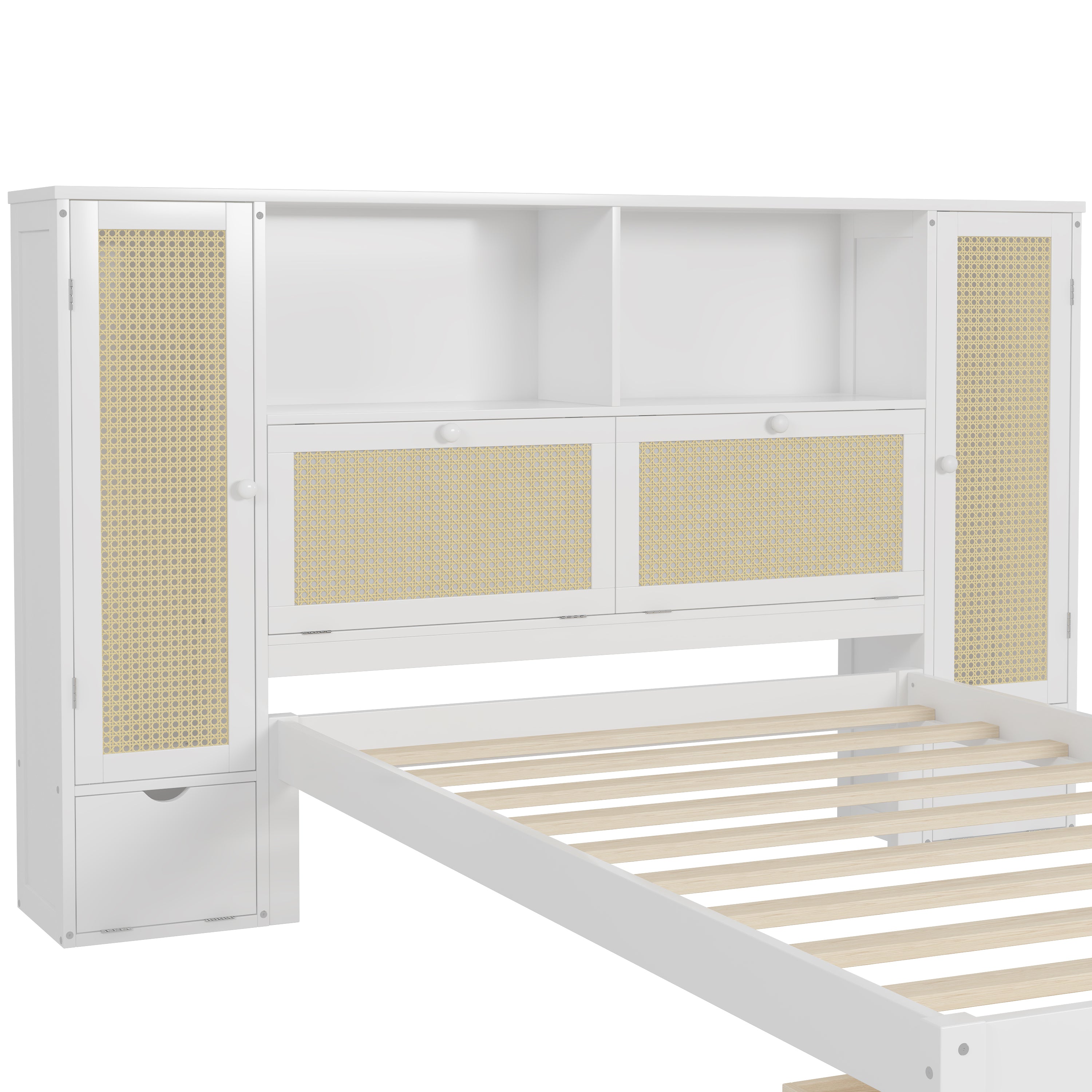 Twin Size Wooden Bed with Two Storage Lockers, Drawer, and Storage Shelf on Headboard, Multifunctional Platform Bed with Natural Rattan, White