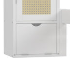 Twin Size Wooden Bed with Two Storage Lockers, Drawer, and Storage Shelf on Headboard, Multifunctional Platform Bed with Natural Rattan, White