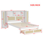 Twin Size Wooden Bed with Two Storage Lockers, Drawer, and Storage Shelf on Headboard, Multifunctional Platform Bed with Natural Rattan, White