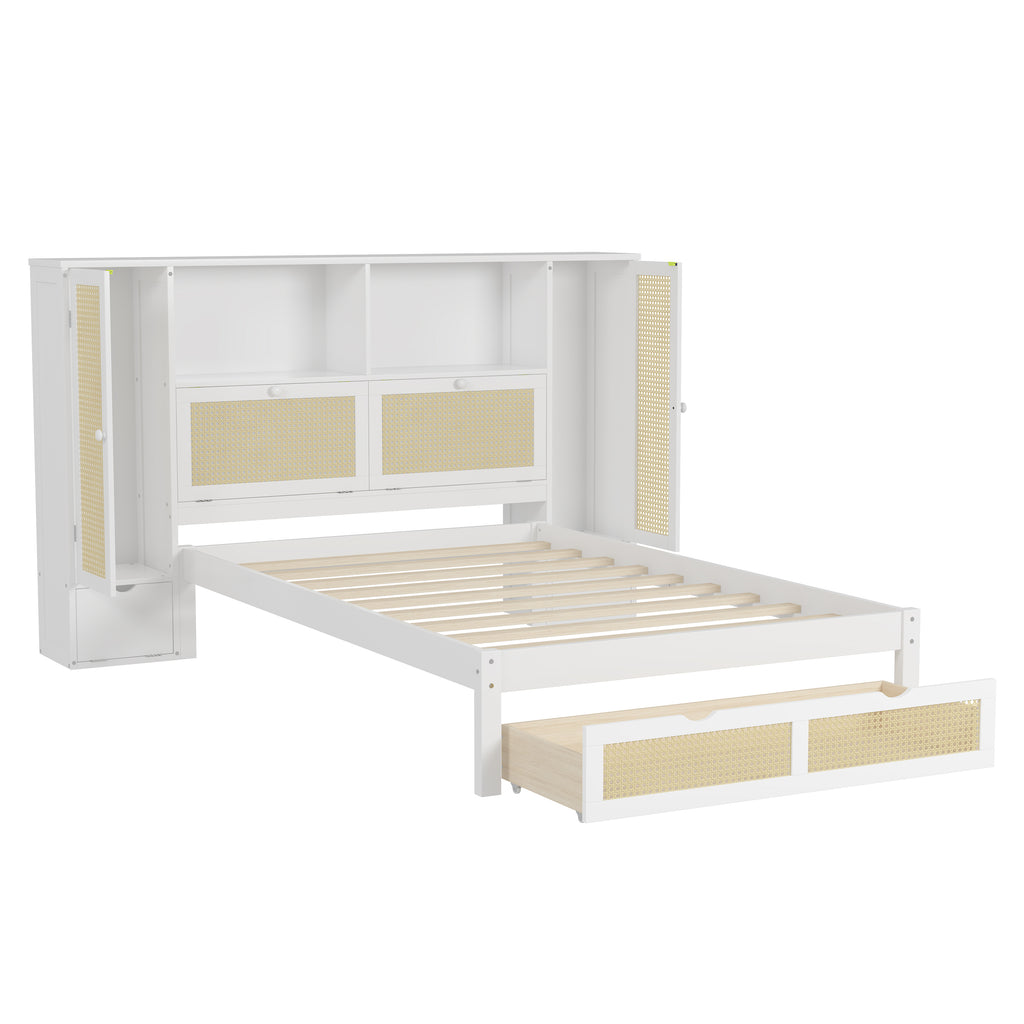 Twin Size Wooden Bed with Two Storage Lockers, Drawer, and Storage Shelf on Headboard, Multifunctional Platform Bed with Natural Rattan, White